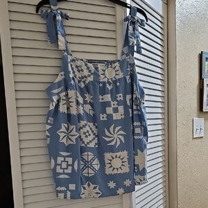 Sonoma Blue and White Printed Tie-Shoulder Tank Top